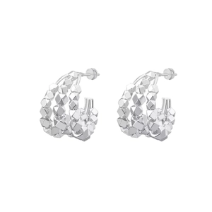 Three-layer silver stud earrings featuring geometric faceted beads and a layered design