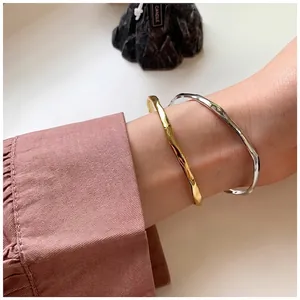 Irregular Wave Texture Silver Plated Cuff Bangle Minimalist Hammered Open Adjustable Bracelet Elegant Jewelry For Women