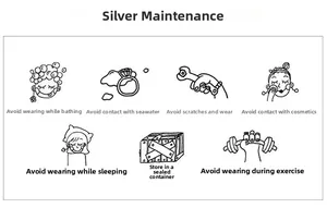 Guide illustrating professional silver jewelry care with icons for daily maintenance