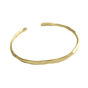 Minimalist irregular wave texture 925 silver plated gold open bangle with polished finish