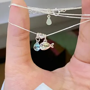 Heart Fish Water Drop Pendant Necklace Blue Zircon Copper Jewelry For Women Girls Chic Minimalist Ocean Style