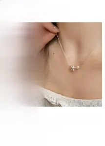 Detail view of silver starfish and pearl pendant necklace with lifestyle and flat lay shots