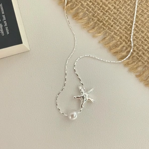 Sea Star Artificial Pearl Necklace Women Copper Silver Plated Starfish Pendant Clavicle Chain Exquisite Korean Niche Jewelry