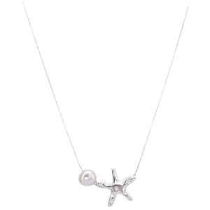 Minimalist starfish and pearl necklace with a dainty silver chain on white background