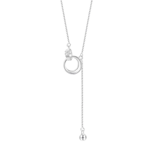 Elegant Y-shaped silver necklace featuring interlocking double rings and a bead tassel pendant