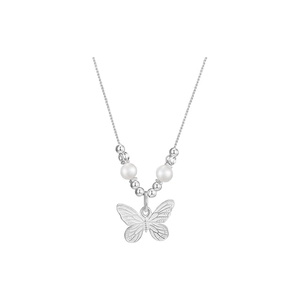 Elegant silver butterfly necklace with white pearl accents and fine textured wings