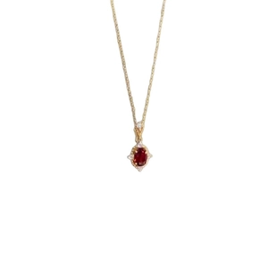 Französische Vintage Goldhalskette mit ovalem rotem Zirkonia Anhänger und Kette
