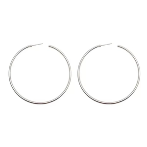 Minimalist large silver C-shaped hoop earrings with a high-polished metallic finish