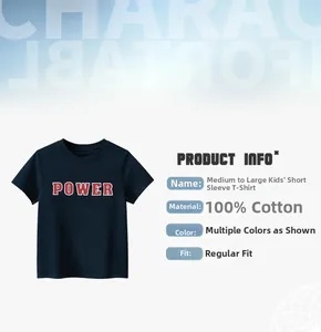 Detail showing red POWER letter print on soft navy cotton kids short-sleeved T-shirt