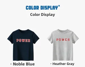 Detail showing two cotton kids' T-shirts in royal blue and heather grey with POWER print