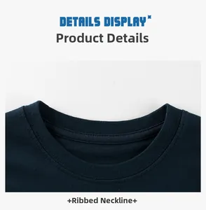 Detail of navy blue ribbed crew neck collar on a cotton knit children's t-shirt