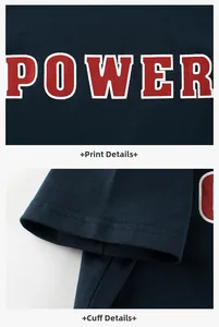 Detail of navy cotton T-shirt featuring vintage POWER print and reinforced sleeve stitching