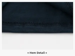 Detail of the high-quality double-needle stitched hem on dark blue cotton kids T-shirt