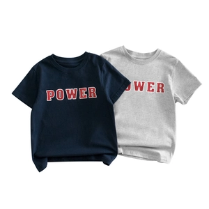 Kids cotton short sleeve T-shirts with Power letter print in navy blue and grey