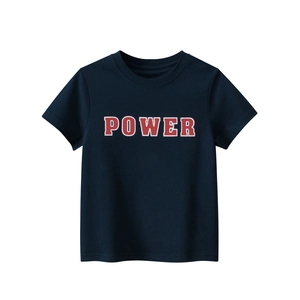 Navy blue kids cotton t-shirt with red POWER lettering print in a classic crewneck style