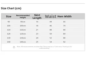 Size chart showing height, waist, and length measurements for girls' skirt extender