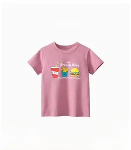 Pink cotton kids T-shirt with cartoon fries and burger print in a detailed flat lay view