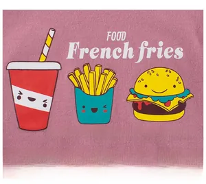 Close-up of cute cartoon food prints on pink cotton girl's summer t-shirt fabric