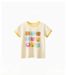 Detail of child t-shirt showing yellow ribbed cuffs and colorful cartoon bear prints