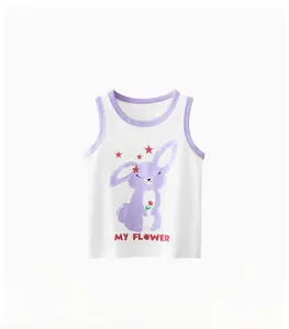Detail of cotton toddler tank top with purple cartoon rabbit print and contrast piping