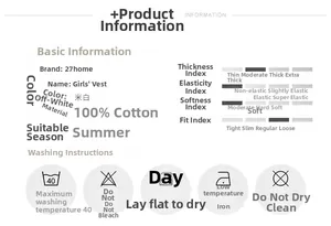 Size chart and fabric details for 100% cotton cream white girls' summer tank top