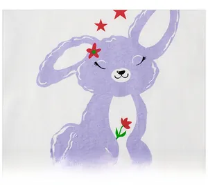 Close-up of cute purple cartoon rabbit print on white cotton girls vest fabric