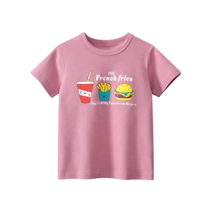 Girls T-Shirt Pure Cotton Short Sleeve Cartoon Burger Fries Print Casual Summer Top Round Neck