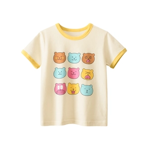 Kids Short Sleeve T-Shirt Cotton Cartoon Bear Grid Print Contrast Crew Neck Summer Casual Cream Top For Girls Toddlers