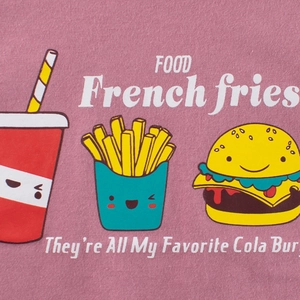 Pink cotton T-shirt for girls featuring cute cartoon fast food prints and letter details