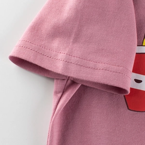 Pink cotton t-shirt sleeve with durable double-needle stitching and cup print