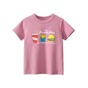 Pink cotton short-sleeve kids T-shirt with fast food cartoon prints and round neck