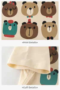 Détail du t-shirt en coton pour enfants montrant l'imprimé ours et les doubles coutures