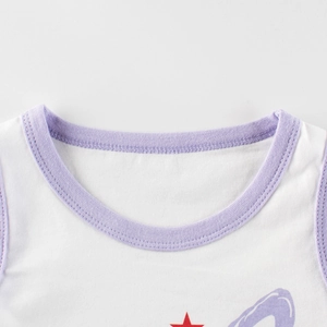 White cotton summer tank top for girls featuring a purple ribbed crew neck and star print