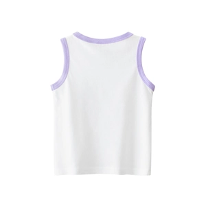 White cotton kids tank top with purple ribbed trim featuring a cute rabbit print