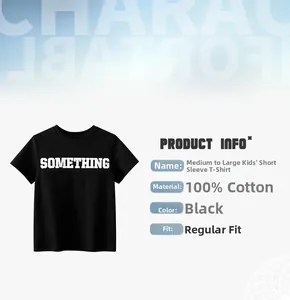 Detail of black cotton kids T-shirt with SOMETHING print and crew neck fit