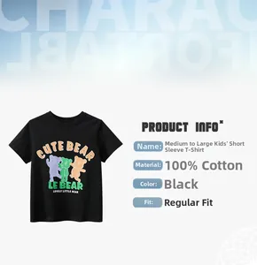 Detail of 100% cotton black kids T-shirt with cute colorful cartoon bear print