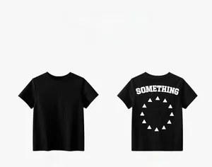 Front and back view of black cotton T-shirt featuring white SOMETHING letter print