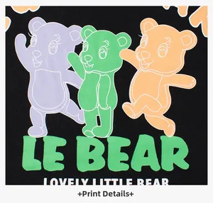 Detail of colorful LE BEAR cartoon prints on premium black cotton fabric for kids' t-shirts