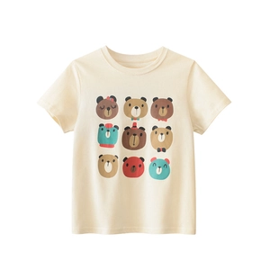 T-shirt jaune crème pour enfants avec neuf visages d'ours mignons imprimés en grille