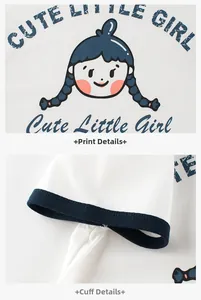 Detail of cute little girl print and navy ribbed contrast cuffs on white cotton kids T-shirt