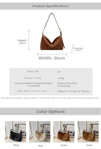 Detailed size chart and four color options for the large PU leather crossbody tote bag