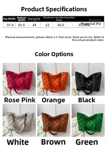 Tabla de tallas y vista detallada de los bolsos tote acolchados en varios colores modernos