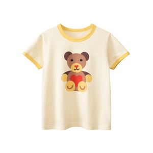 Girls Short Sleeve T-Shirt Cotton Cartoon Bear Heart Pattern Contrast Ribbed Crew Neck Casual Summer Top