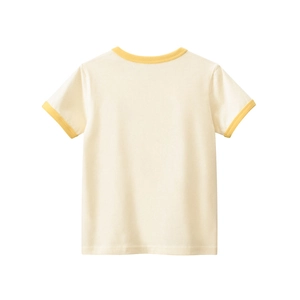 Kids short sleeve cotton t-shirt in cream with yellow ribbed collar and bear print