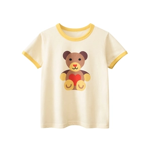 Kids' short sleeve cotton t-shirt in cream with yellow trim and cute bear graphic