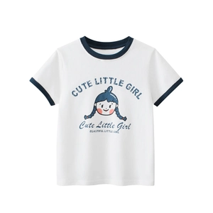 Girls 100% Cotton Short Sleeve Ringer T-Shirt Contrast Trim Crew Neck Summer Top With Cute Little Girl Cartoon Print