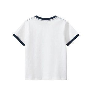 Back view of girls' white ringer T-shirt with navy contrast trim and crew neck