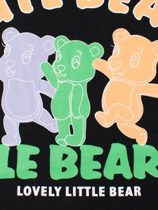 Kids black cotton T-shirt featuring three colorful cartoon bears and letter print