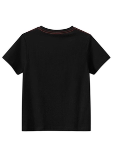 Kids black short sleeve T-shirt with red contrast stitching on shoulders and back