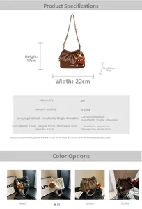 Detailed size chart and multi-color view of pleated cloud bucket bag with chain strap